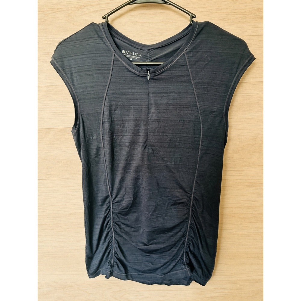 Athleta Womens S Navy Cap Sleeve Running Top Zip Back Pocket Ruched